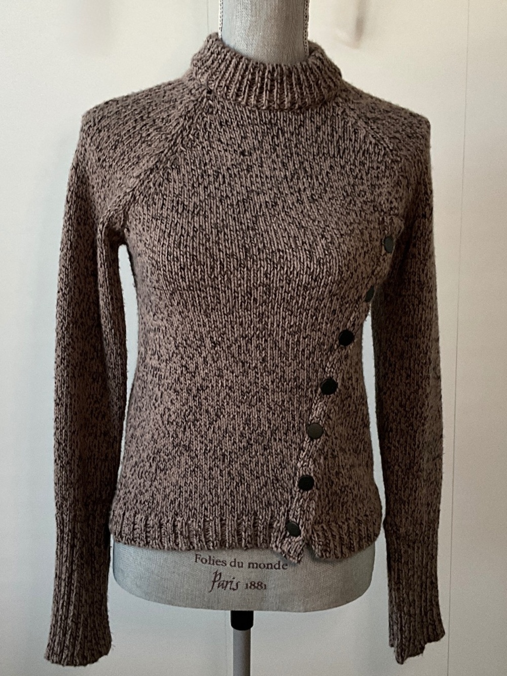 Zara Women's Small Sweater Diagonal Buttons High Crew Neck Soft Cozy